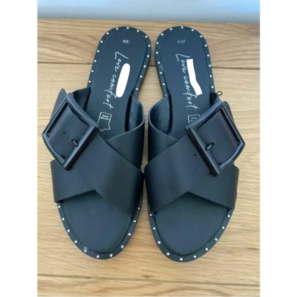 New Look Black Leather Cross-Strap Buckle Flat Sandals Sizes 3, 4, 5 - Picture 1 of 3